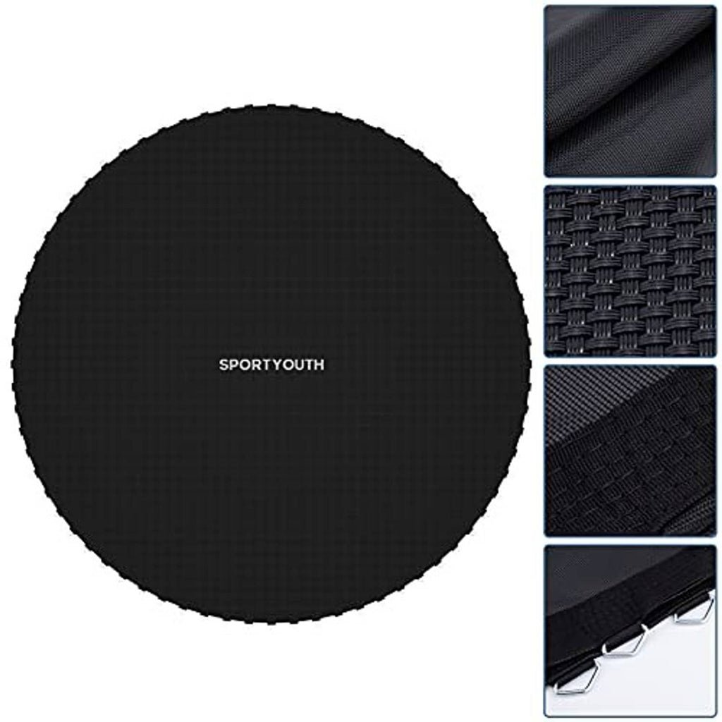 Black circular trampoline replacement mat with fabric texture close-up panels