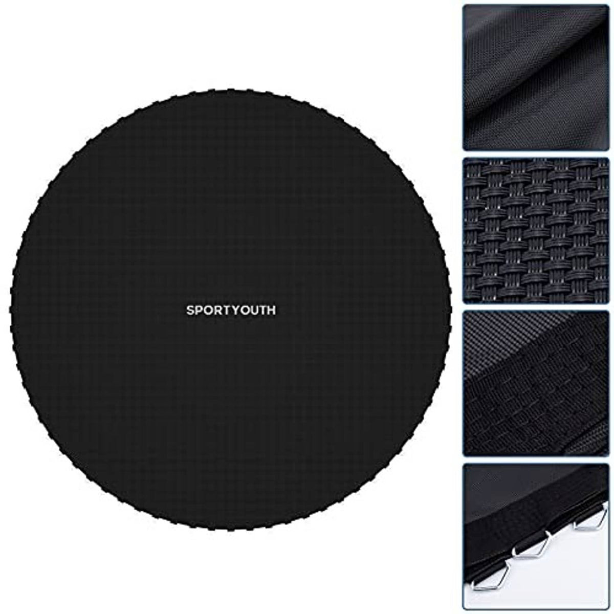 Black circular trampoline replacement mat with fabric texture close-up panels