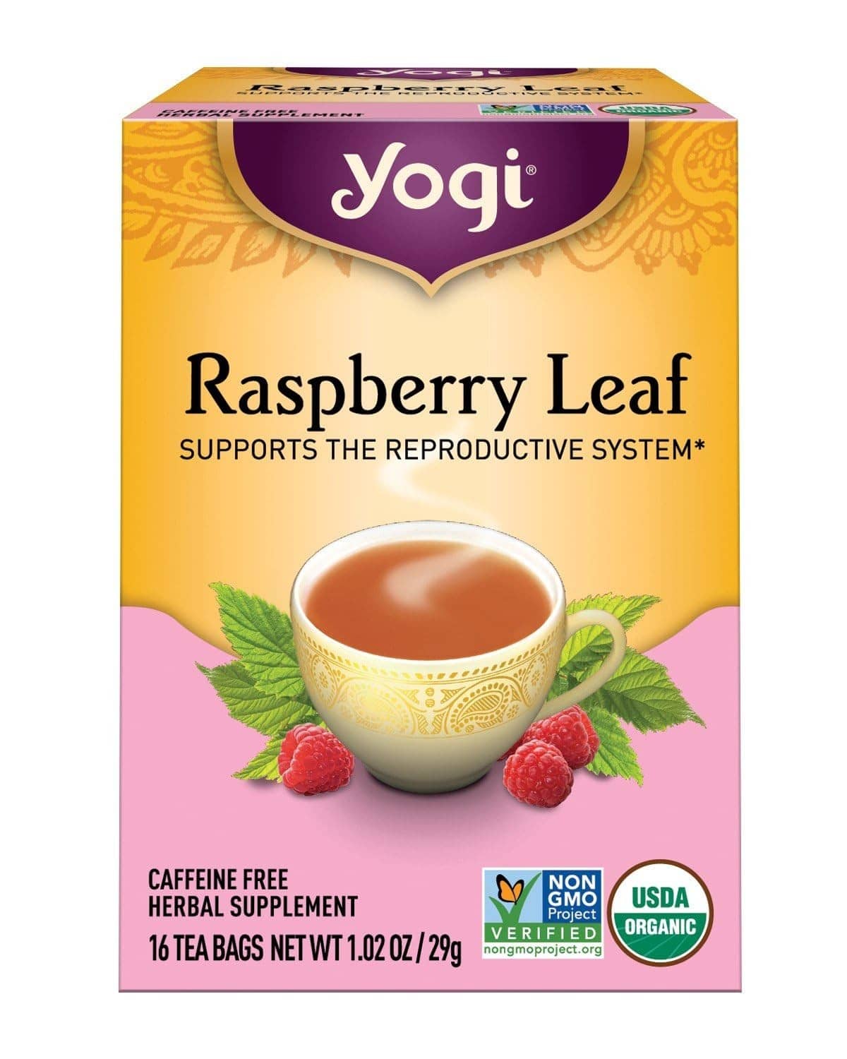Yogi raspberry leaf herbal tea box, 16 caffeine-free organic teabags