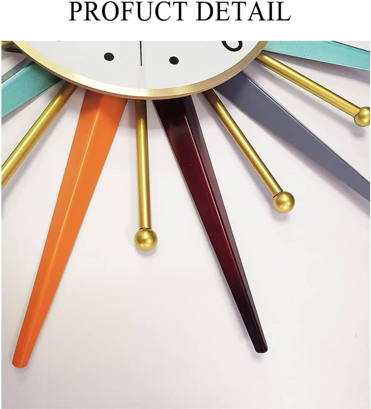 Starburst wall clock close-up showing multicolor rays and gold dot markers.