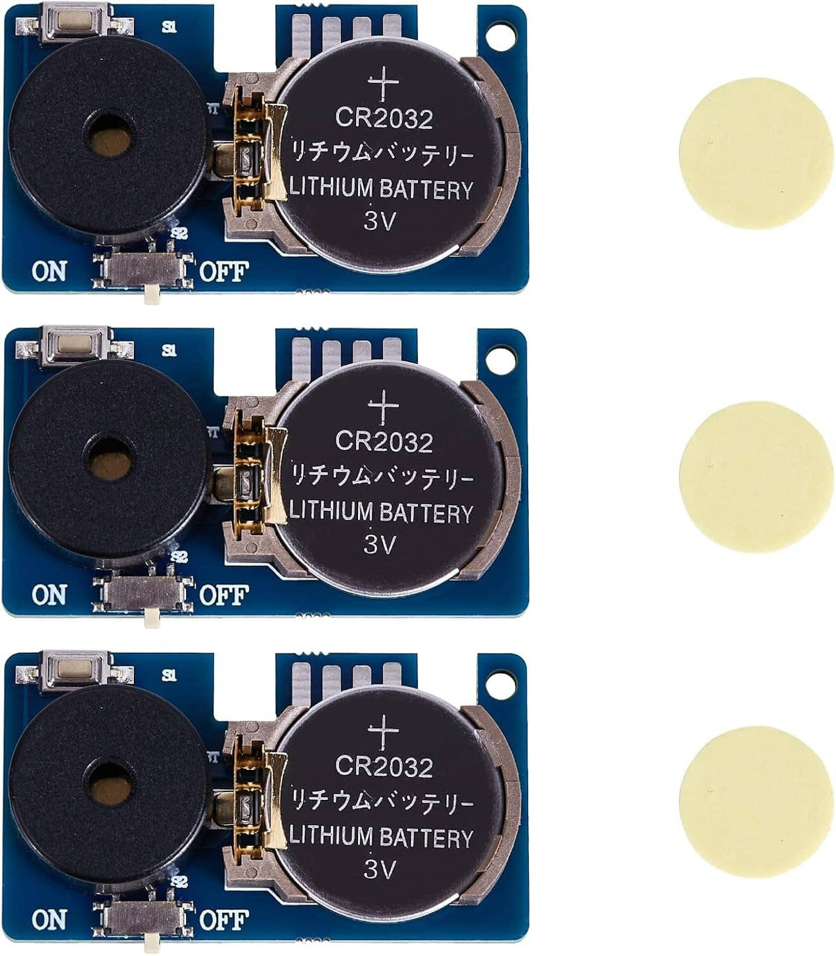 3-pack electronic noise makers with dark speaker discs, CR2032 battery holders, ON/OFF
