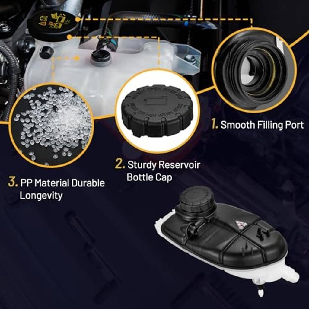Black coolant expansion overflow tank with round cap and outlet port, white fluid base