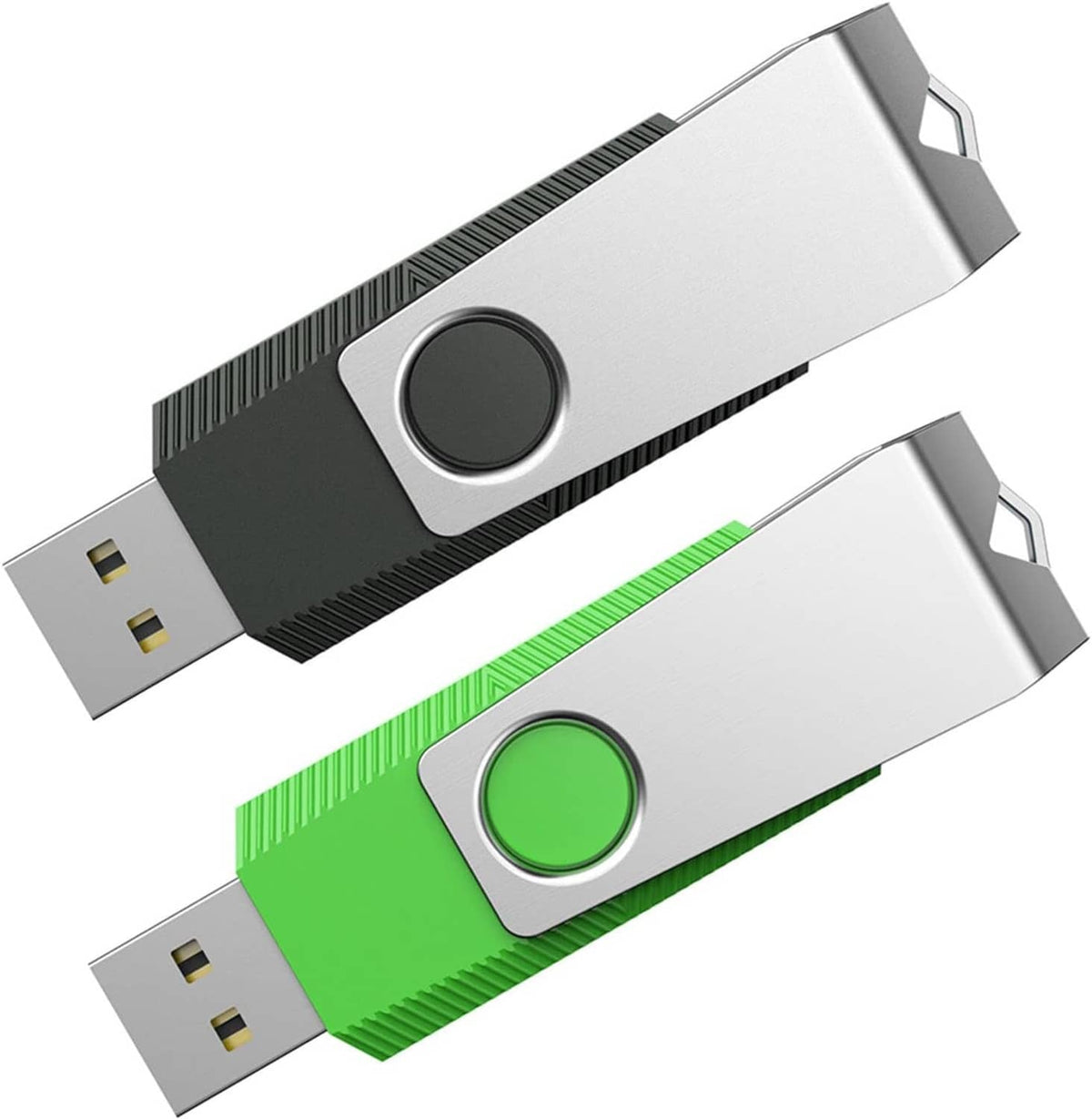USB flash drive 2-pack showing black and green versions with circular indicator window