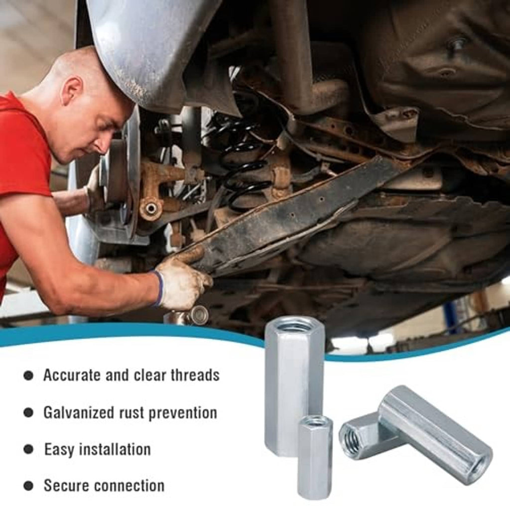 Silver hex coupling nut installed on vehicle hardware, secured threaded connection