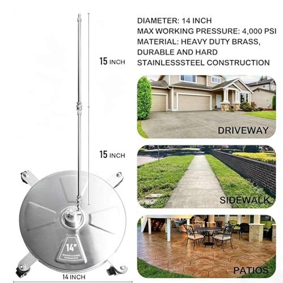 Round stainless steel pressure washer surface cleaner with central spray wand and casters