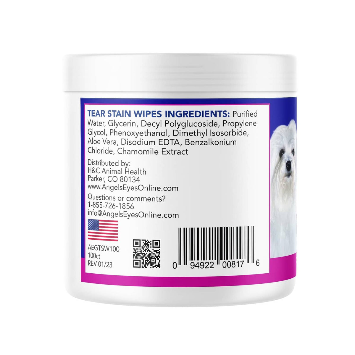 Eye stain wipes tub back label with ingredients, barcode, and pet icon