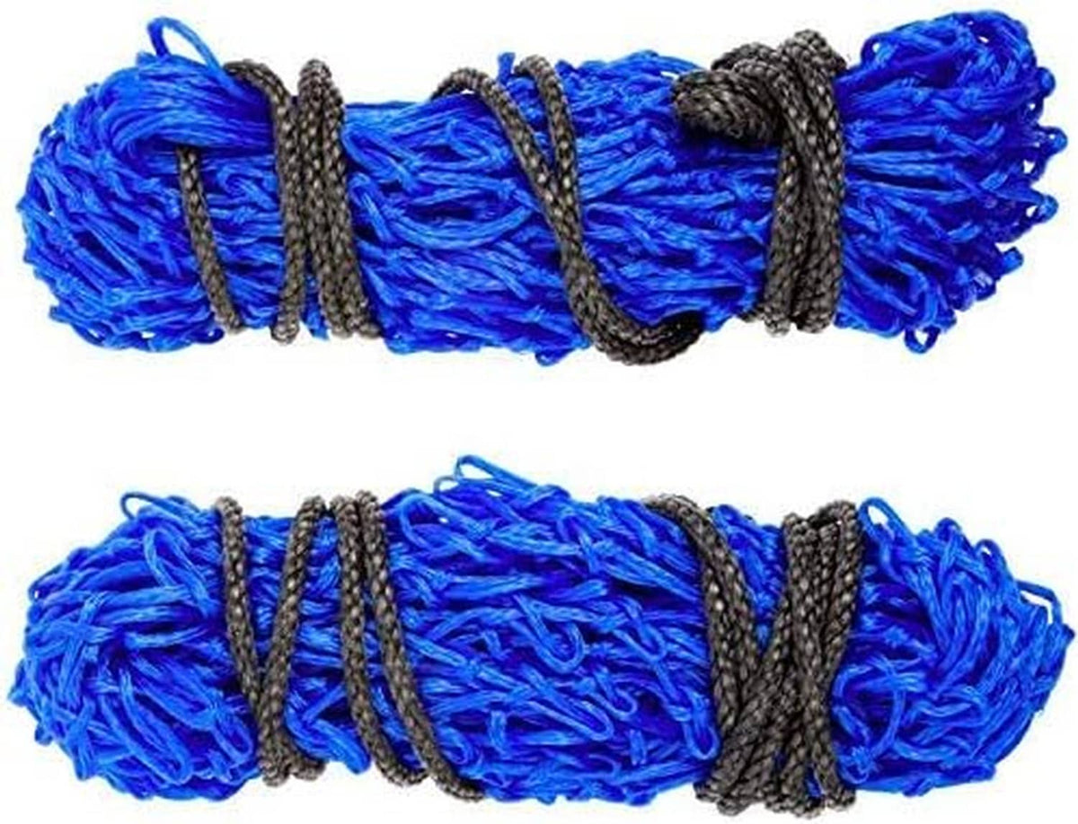 Close-up of blue slow-feed hay net mesh with small holes and black elastic bands