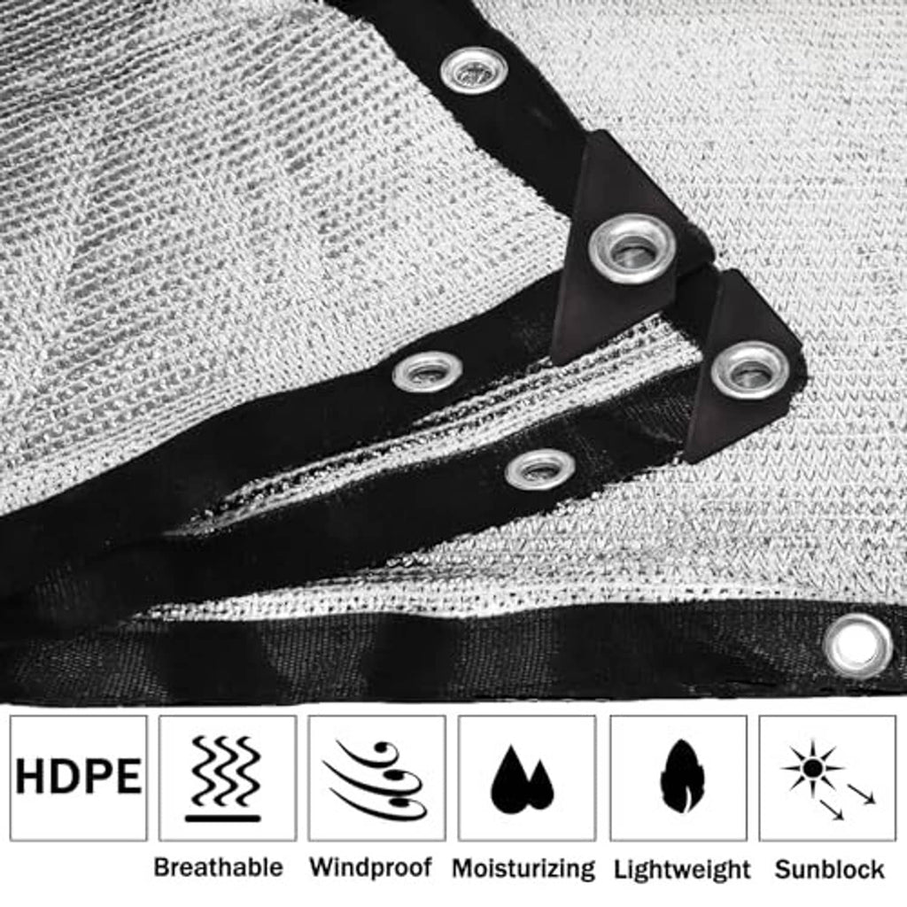 Aluminum shade cloth close-up: silver grommets on black reinforced webbing along border