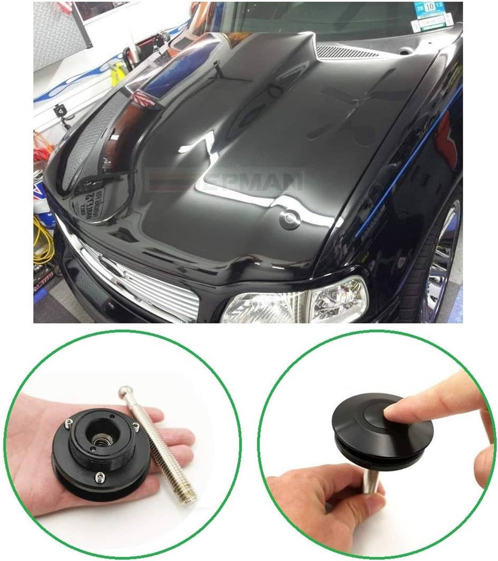Black push-button quick-release latch for car hood with mounted bolt and hand pressing