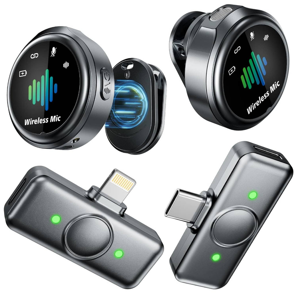 Black magnetic wireless lavalier microphone kit with receiver and charging case