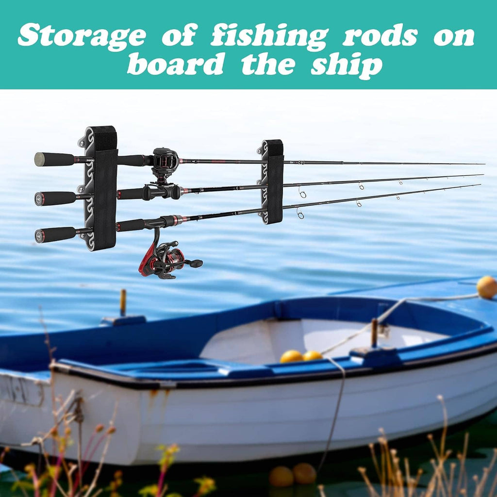Vertical fishing rod rack mounted on a boat with black brackets and gray hook cradles