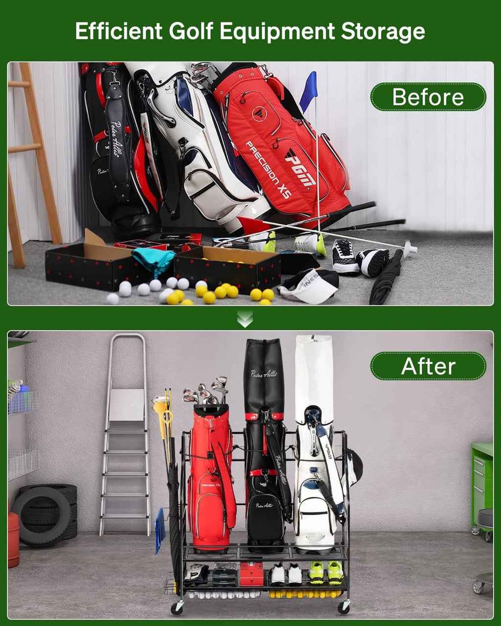 3-golf bag storage rack with red, black, and white bags plus club accessory holders