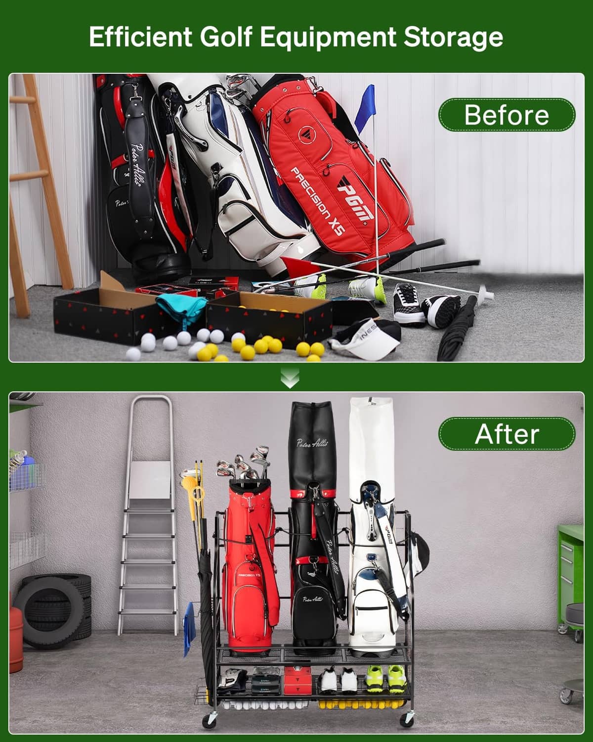 3-golf bag storage rack with red, black, and white bags plus club accessory holders
