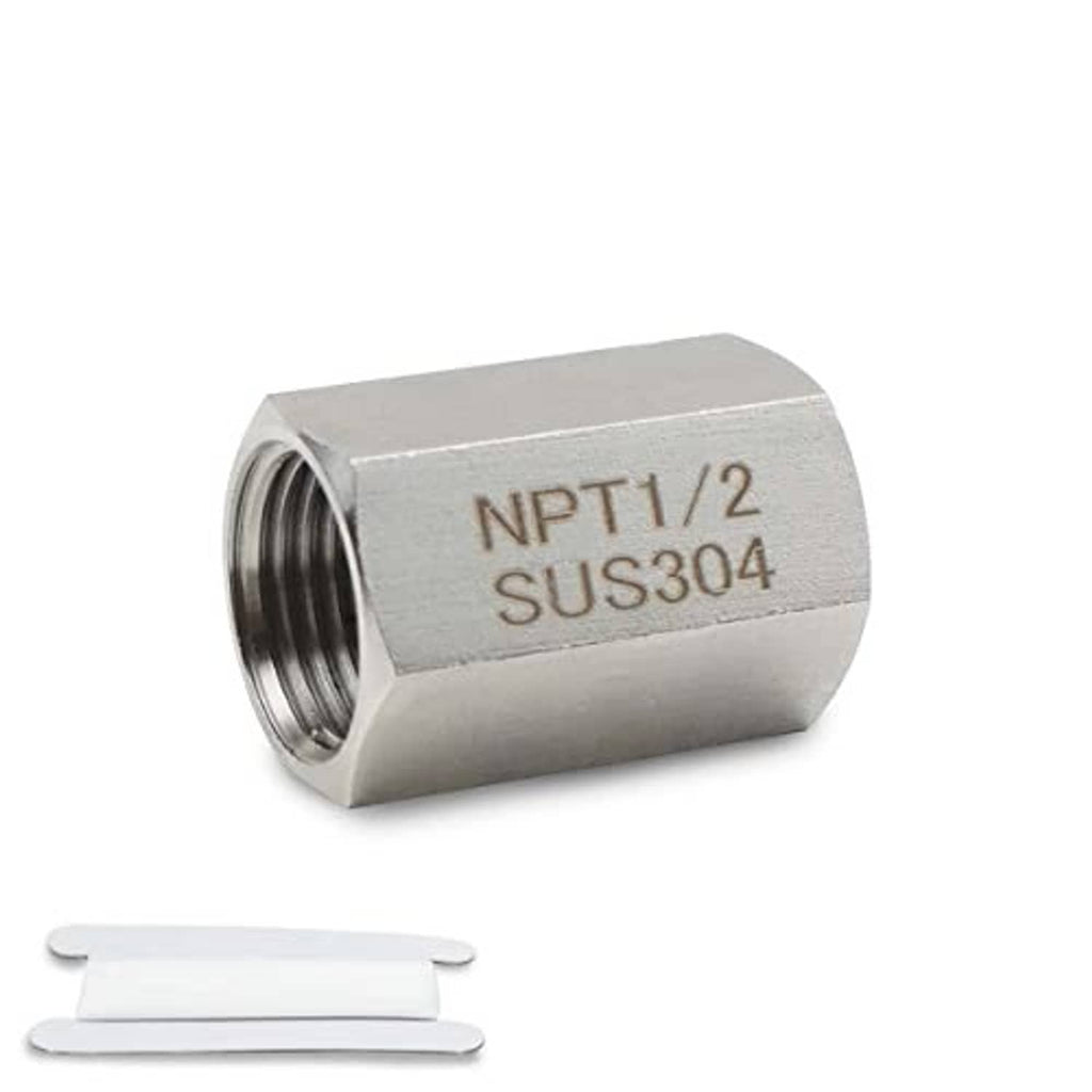 Hex stainless steel coupling, NPT 1/2 threads; SUS304 marking on the sleeve