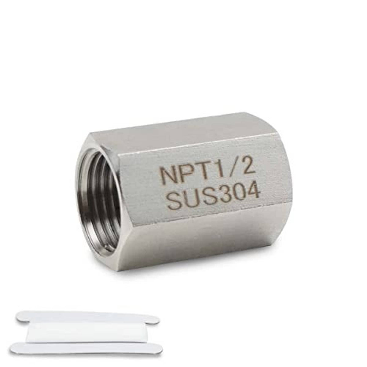 Hex stainless steel coupling, NPT 1/2 threads; SUS304 marking on the sleeve