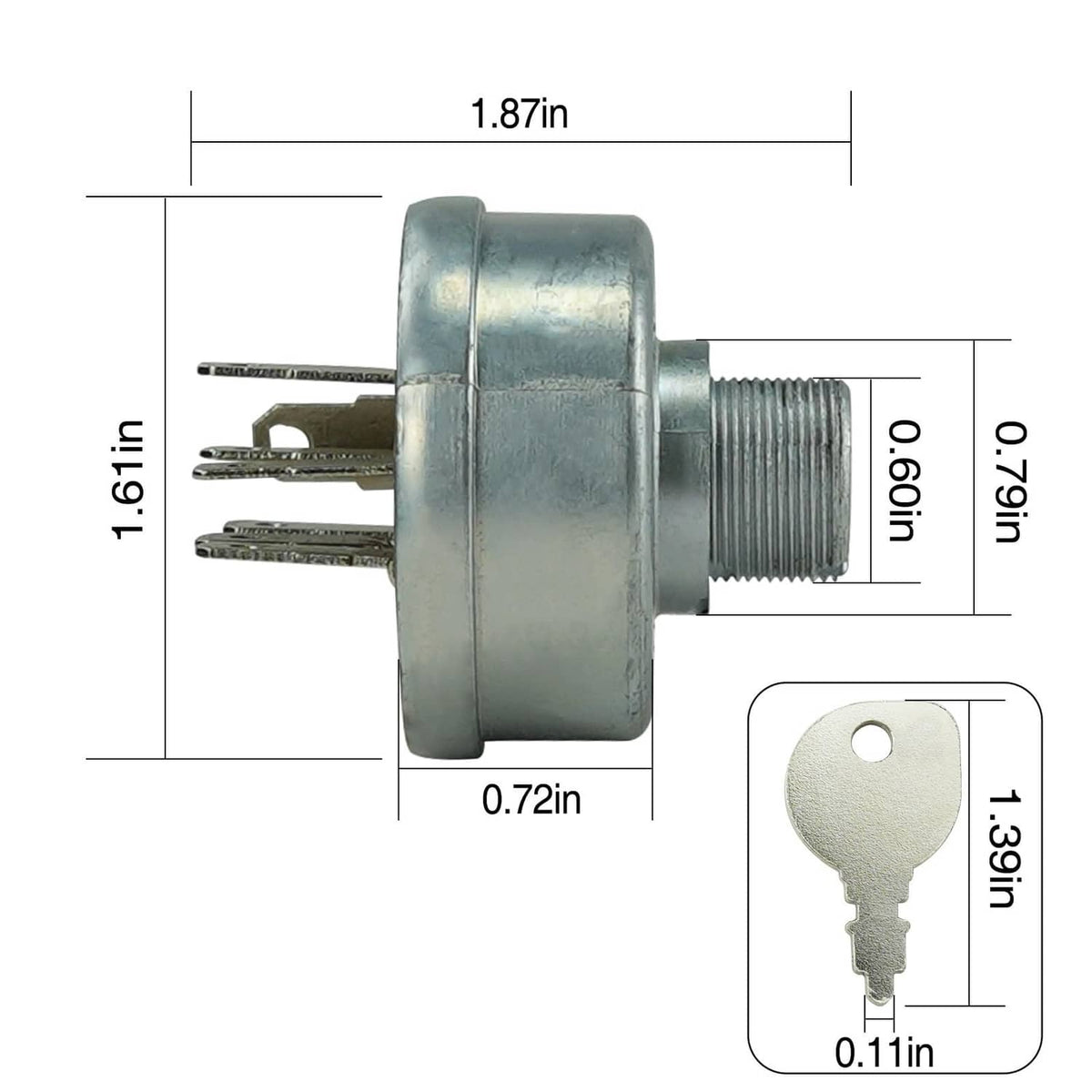 Ignition starter switch with threaded shaft, metal terminals, and key cylinder