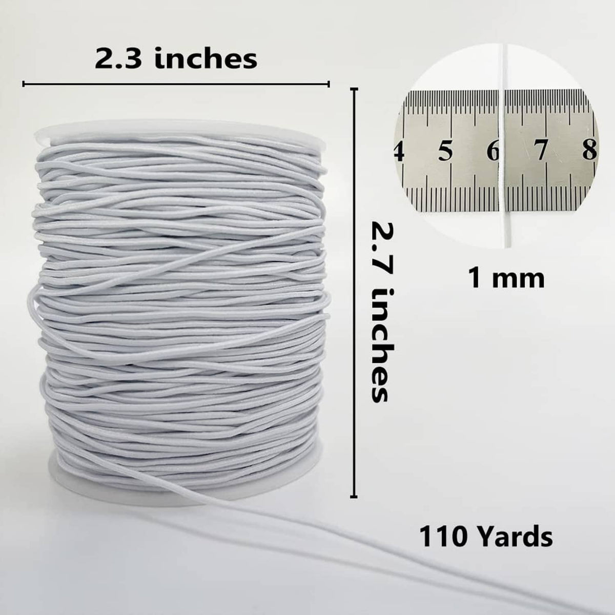 White elastic string spool, 1 mm thickness, 110 yards; ruler and tape shown