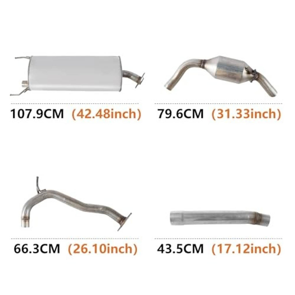 Four-piece exhaust kit set: muffler, resonator, and curved silver tubing sections