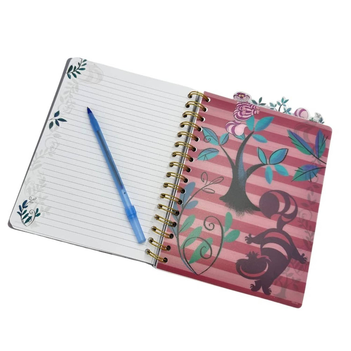 Spiral notebook opened flat with lined pages and blue pen on illustrated cover