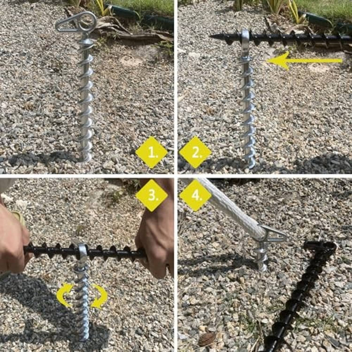 Silver screw-in ground anchor with coiled shaft and loop top, heavy-duty stake