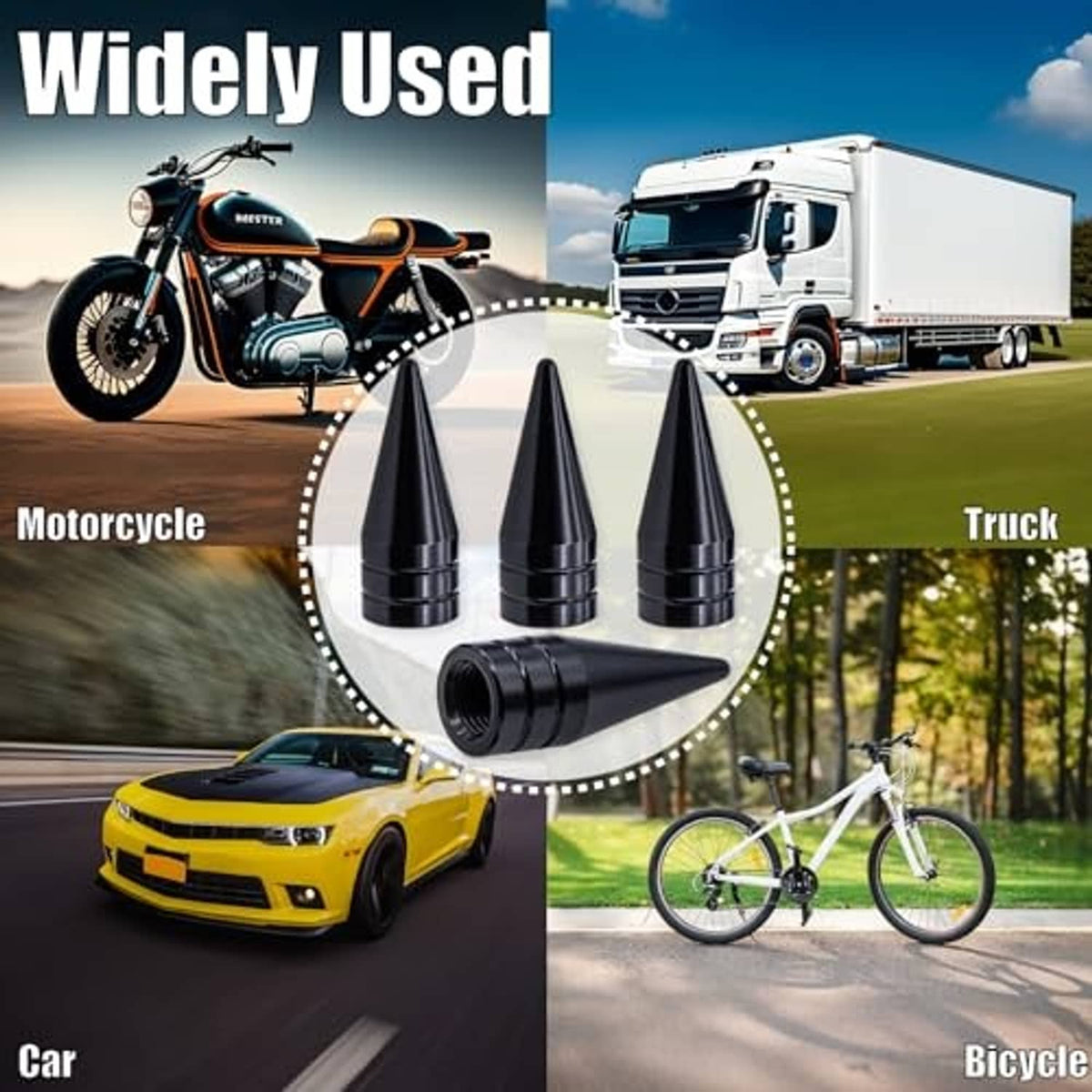 Four black spiked tire valve stem caps for motorcycle, truck, car, and bicycle