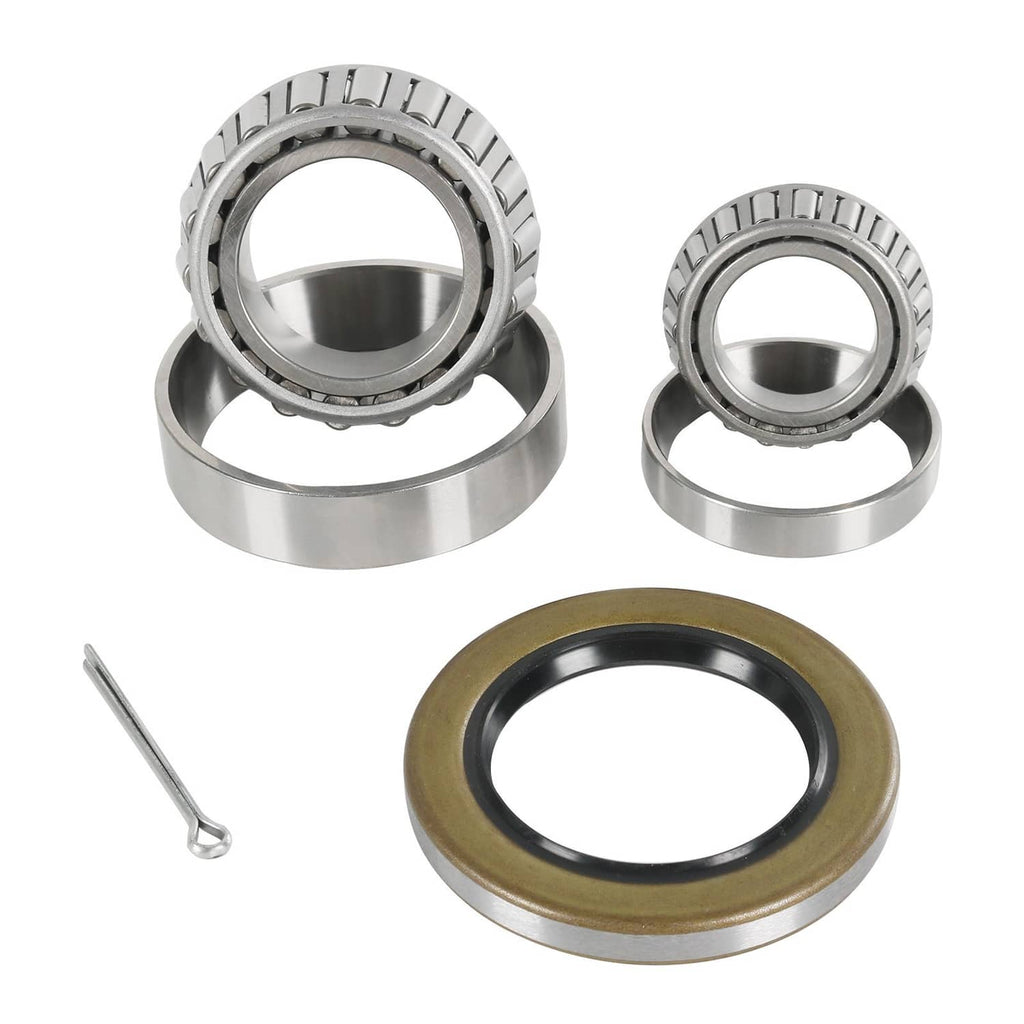 Trailer wheel bearing kit with bearings, steel races, grease seal ring, and cotter pin