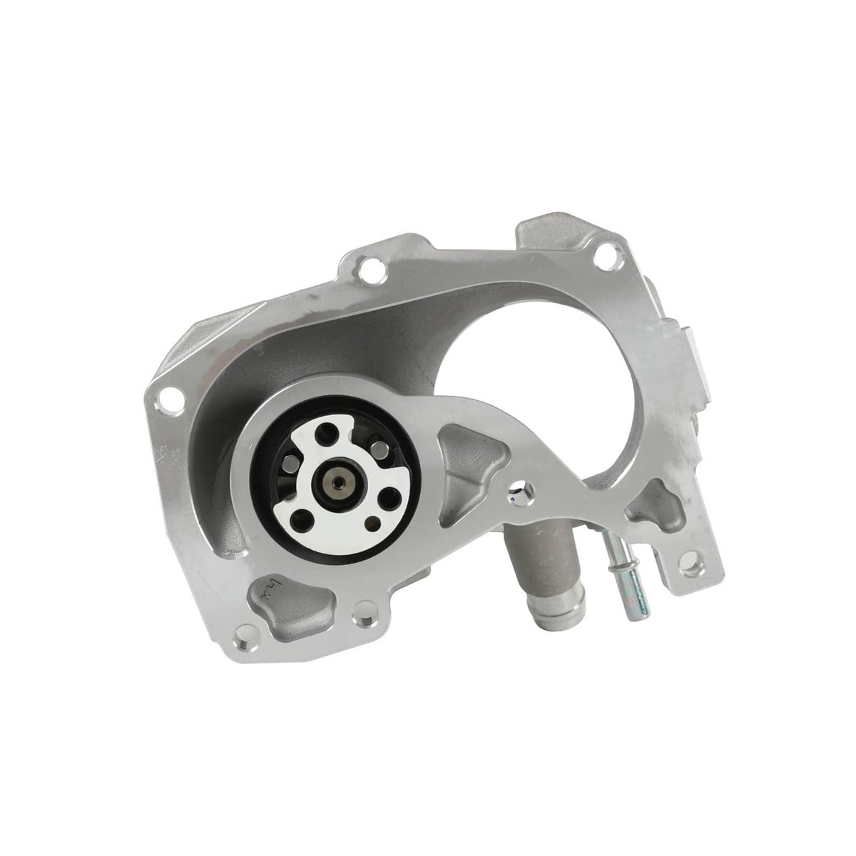 Supercharger snout end cover with circular port and bolt holes on metal body