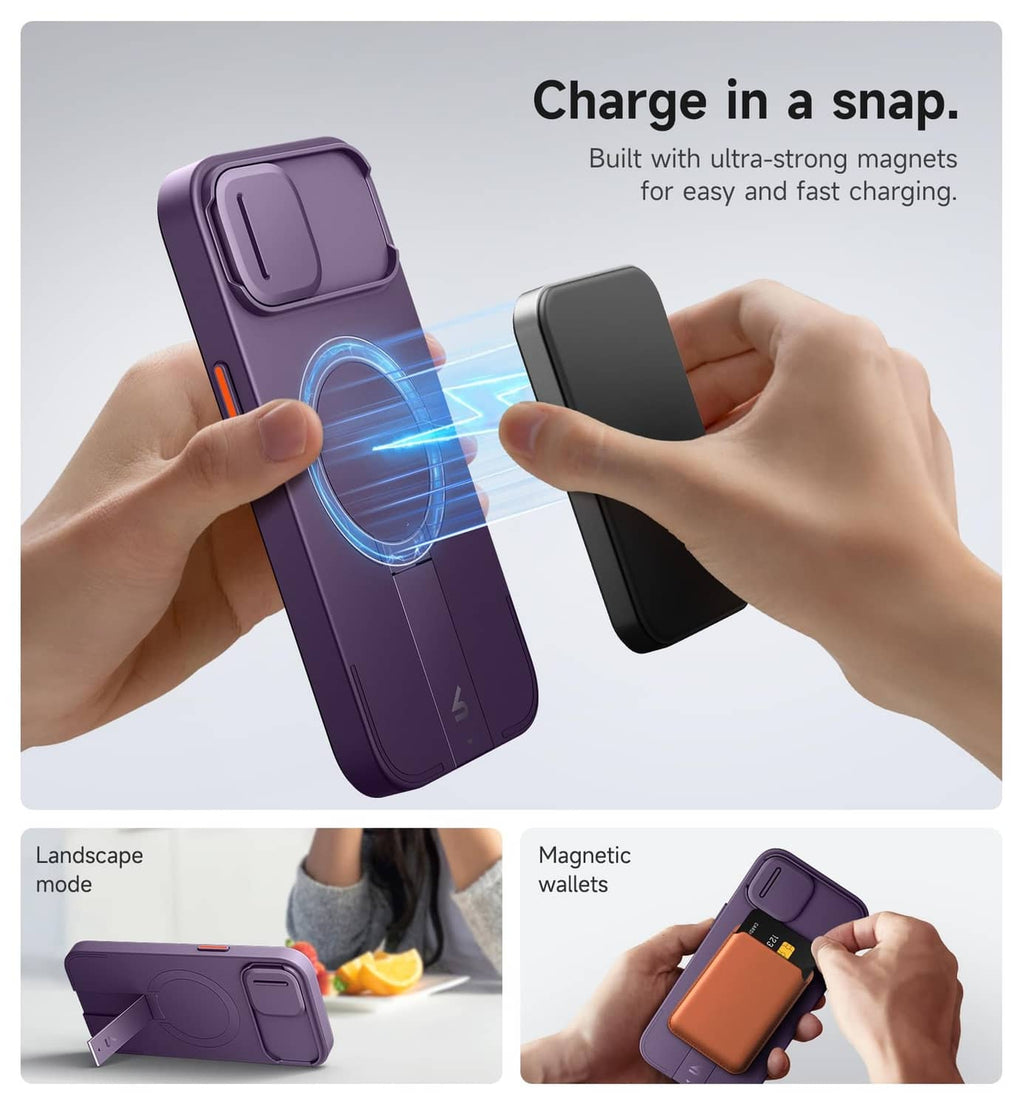 Dark purple magnetic iPhone 13/14 case with quick snap charging
