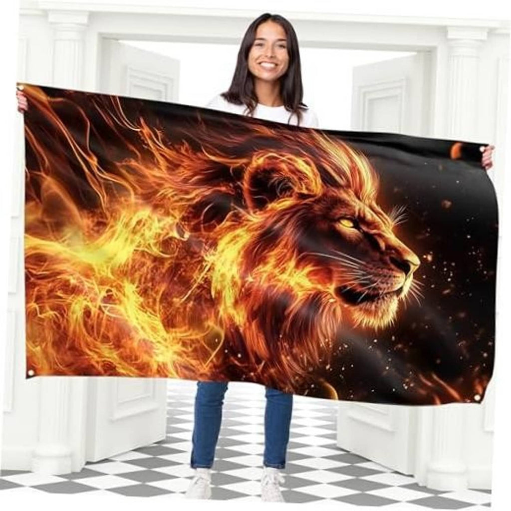 Large lion flame polyester flag with black background and brass grommets at top corners