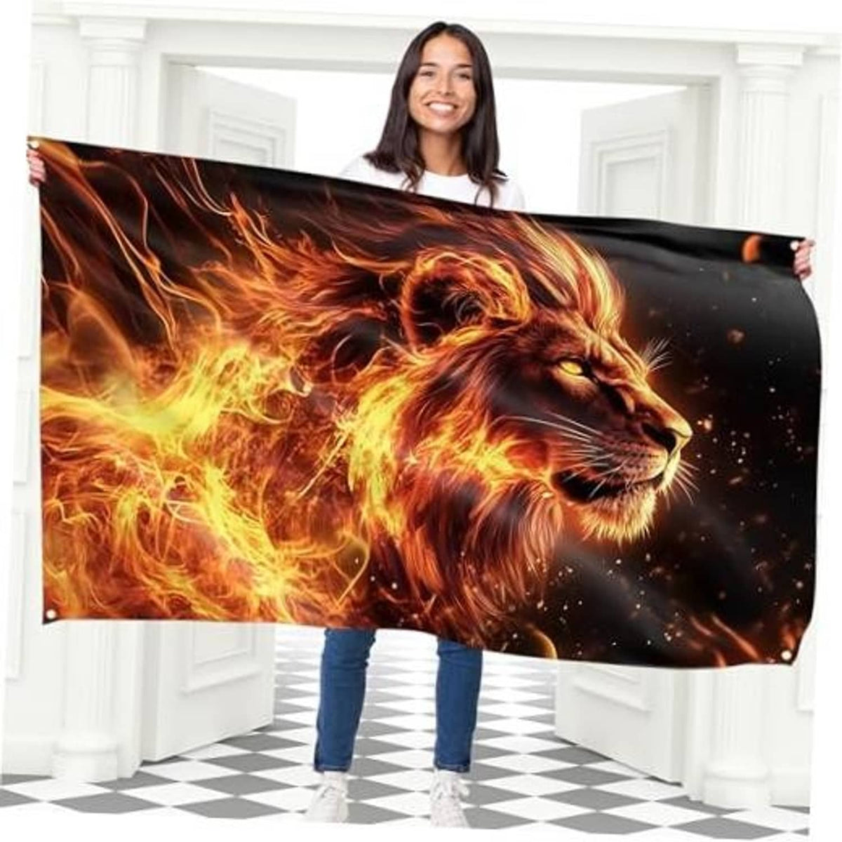 Large lion flame polyester flag with black background and brass grommets at top corners