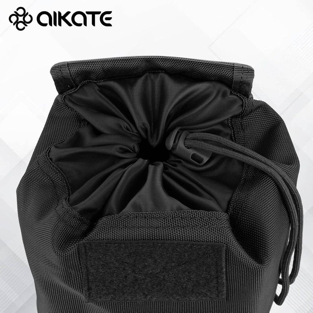 Black roll-top drawstring pouch with gathered opening and front hook-and-loop patch