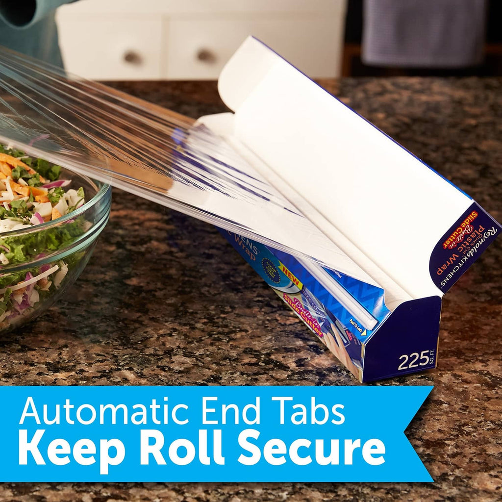 Plastic wrap roll with automatic end tabs to keep the roll secure for use
