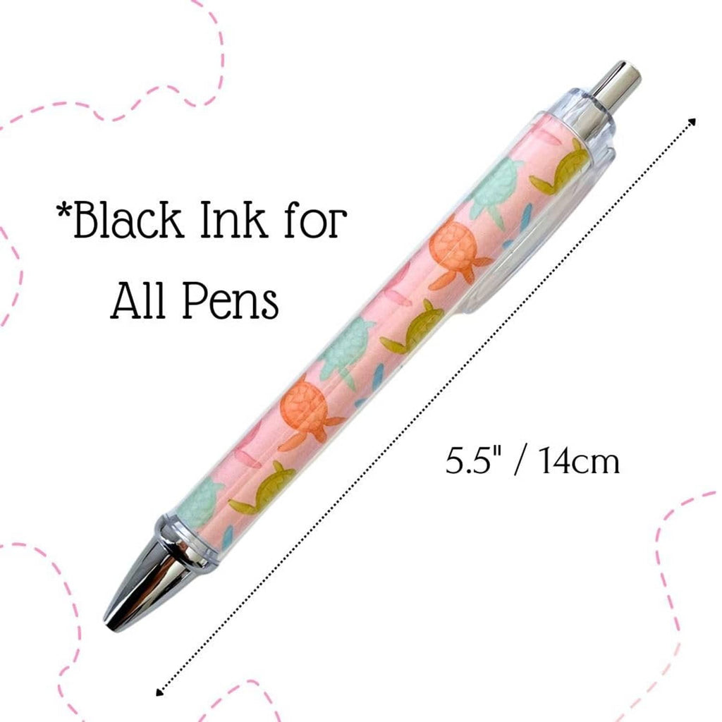 Turtle-print pen with clear barrel, silver tip, black ink, 5.5 in