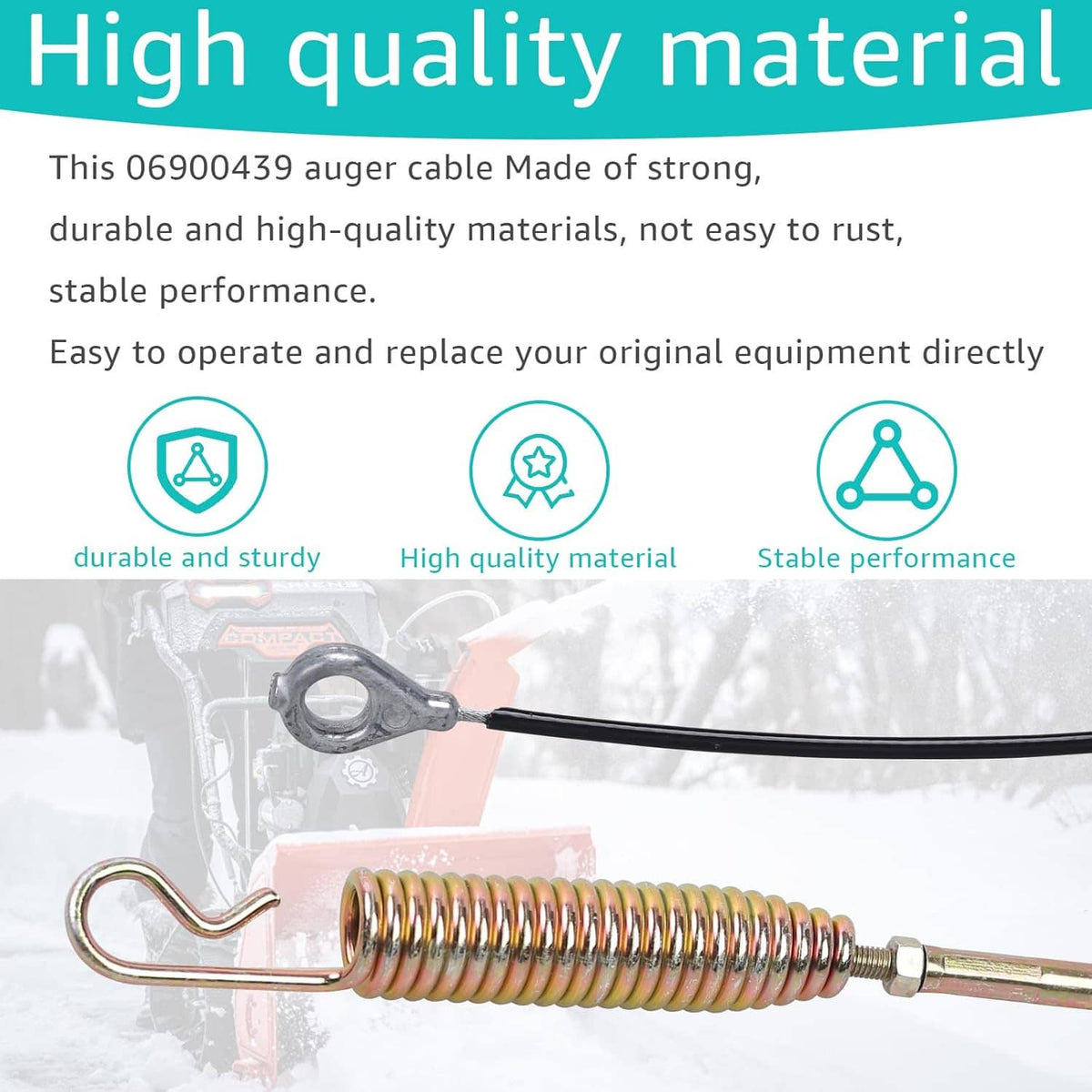 Auger control cable with coiled copper spring and looped metal bracket end