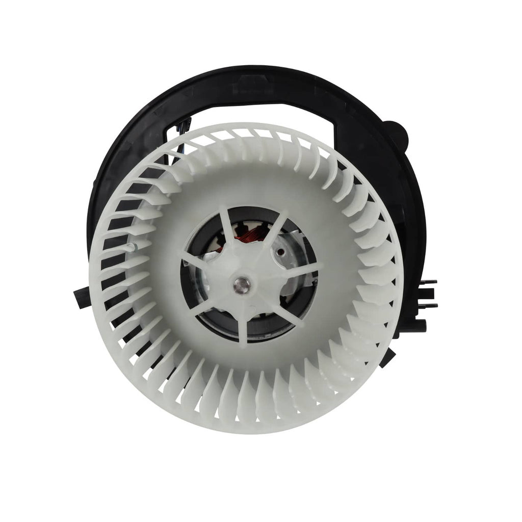 HVAC heater blower motor with white fan blades and metal center hub