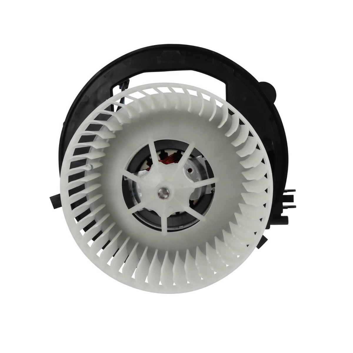 HVAC heater blower motor with white fan blades and metal center hub