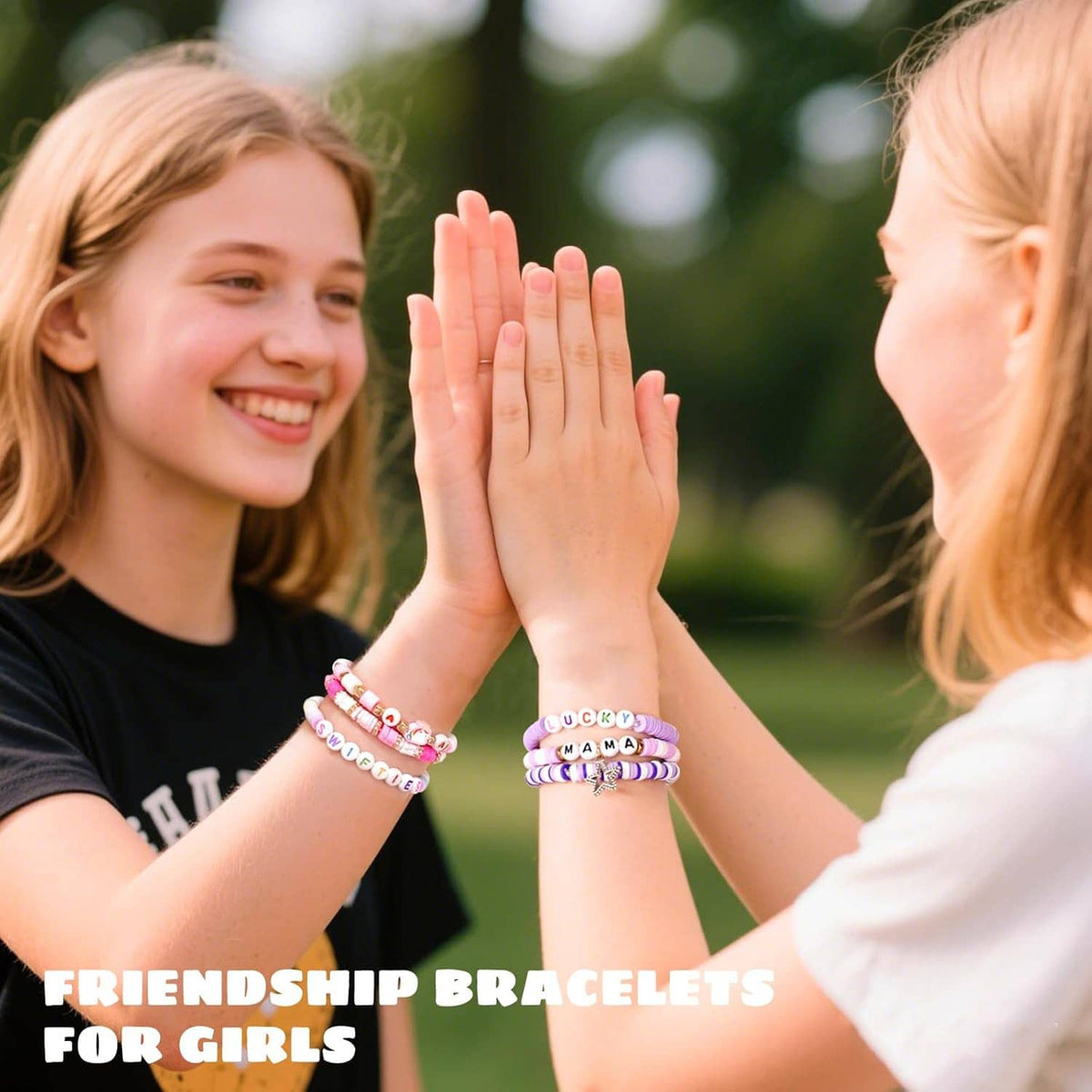 Kids friendship bracelets set: girls wearing colorful beaded bracelets and waving hello