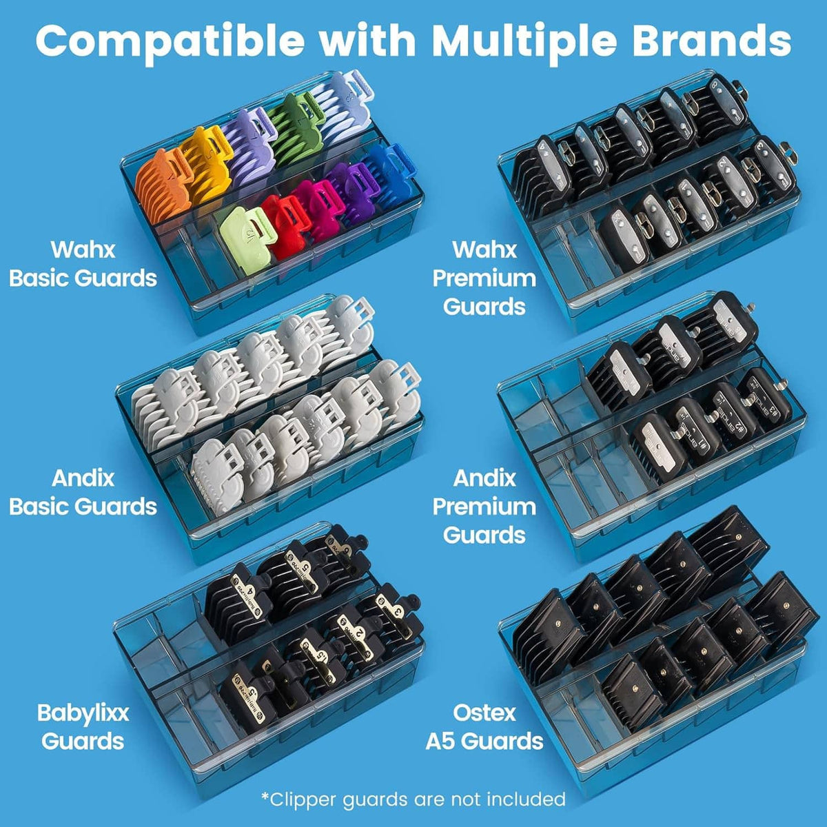 Clipper guard storage organizer tray with multiple compartments in a clear case