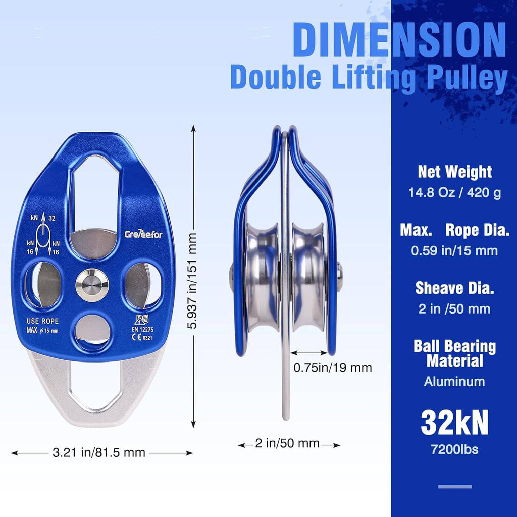 Blue double lifting pulley block with side plate, hook, and braided rope