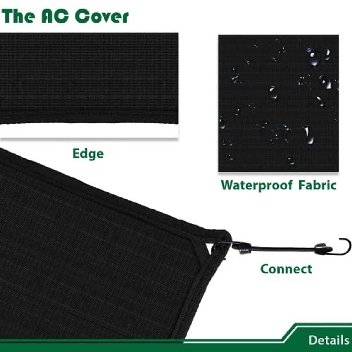 Black AC cover fabric close-up: waterproof texture, stitched edge seam, and tie cord.