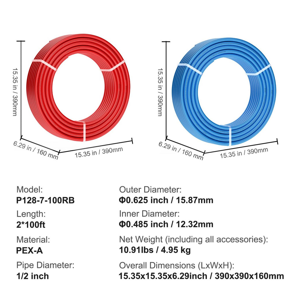 Red and blue PEX-A tubing coils with height, length, and diameter dimension labels