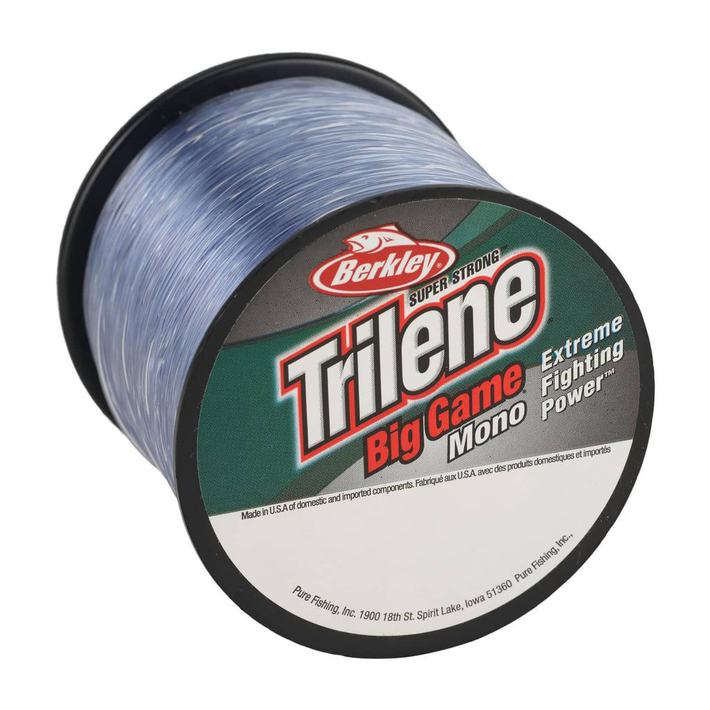 Berkley Trilene Big Game monofilament line spool, steel blue, angled view