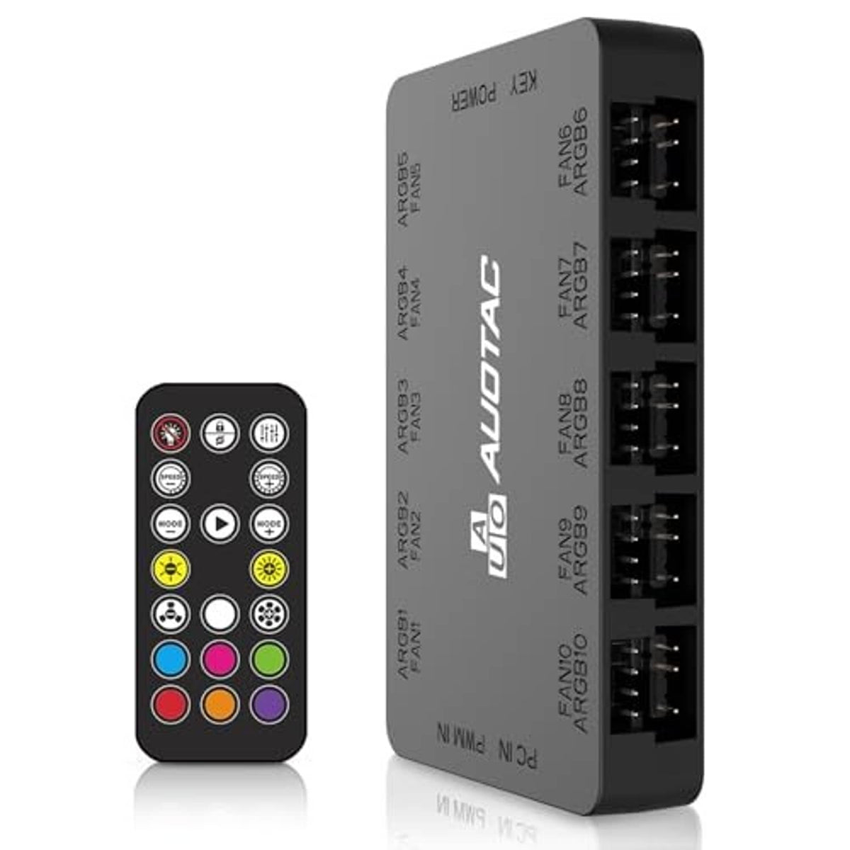 Black ARGB PWM fan hub with side-by-side fan headers and included black RF remote