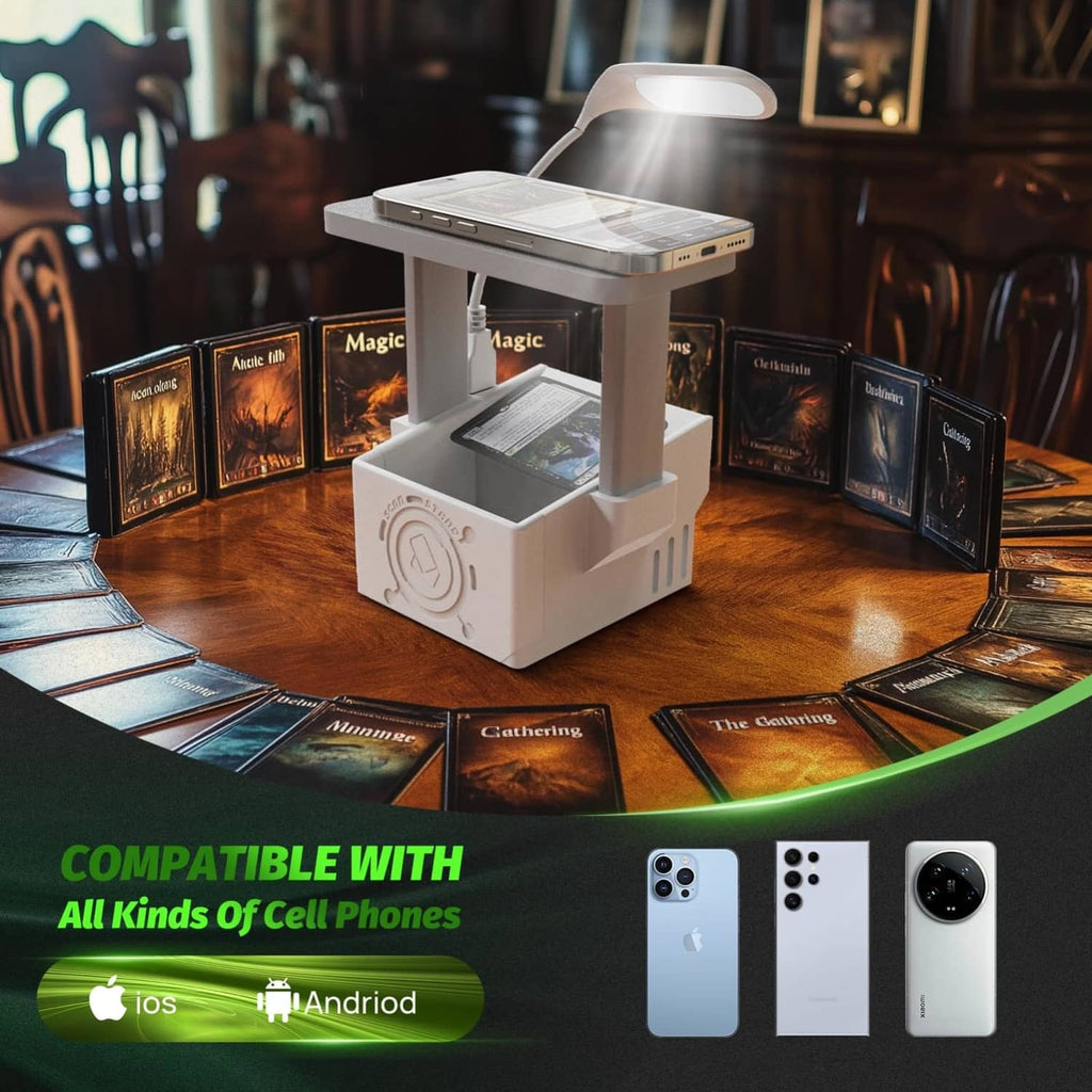 White MTG card scanner stand on table with LED light and phone holder