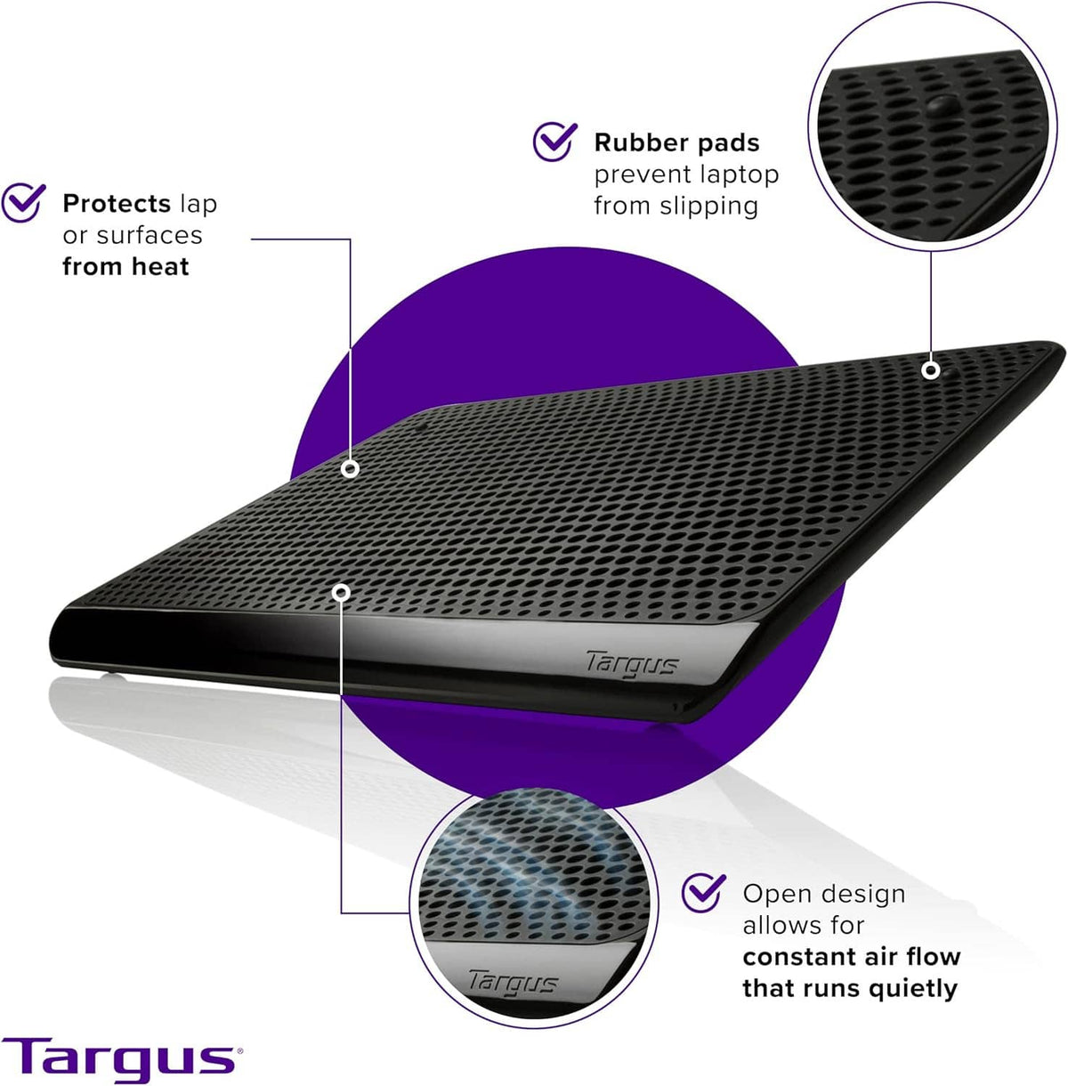 Black laptop cooling mat with open airflow design and rubber anti-slip pads.