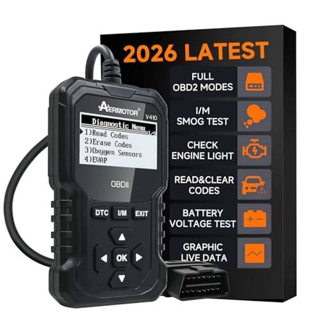 Black handheld OBD2 scanner with screen display, side port, and control keypad