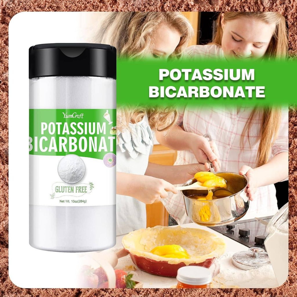 Potassium bicarbonate jar beside cooking scene with mixing bowl and eggs