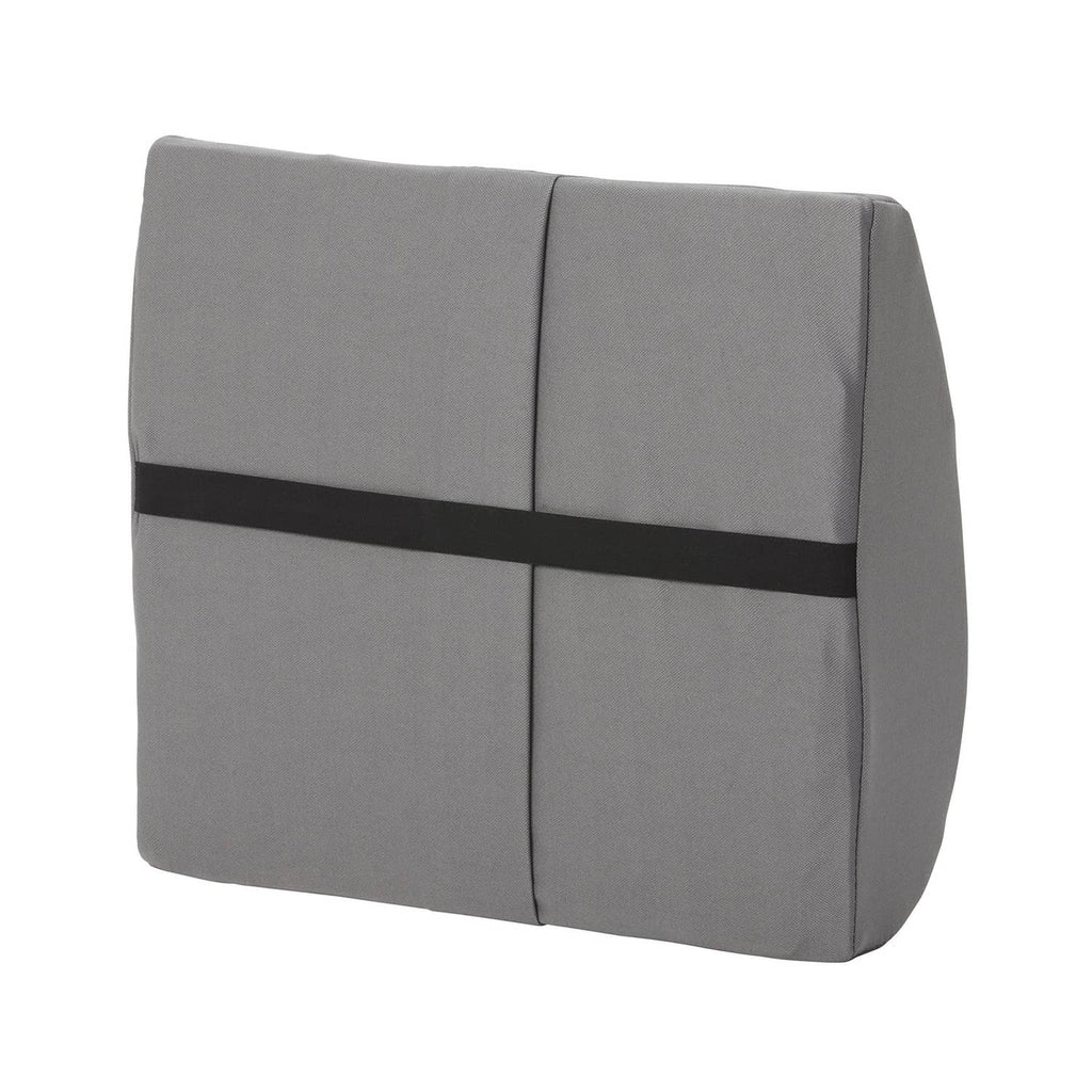 Gray square lumbar support pillow with panel stitching and a firm contoured back