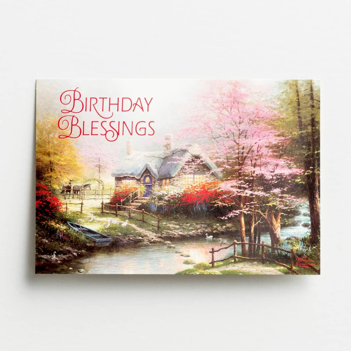Birthday Blessings greeting card with colorful rural landscape and flowing creek illustration