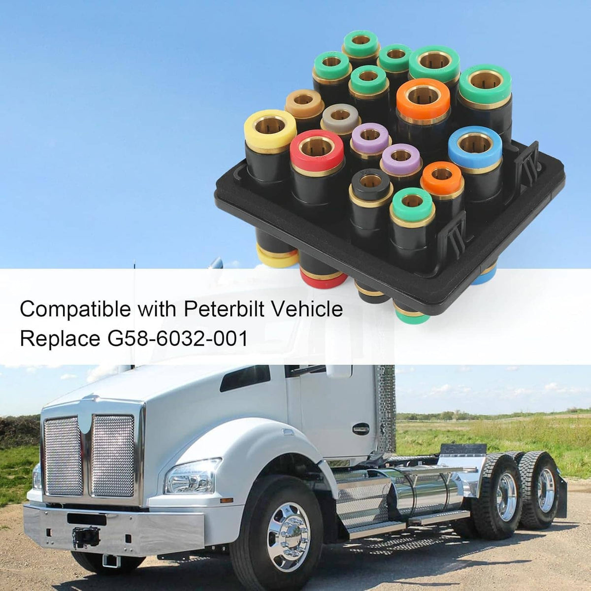 Truck air manifold connector block with multicolor fittings, side view